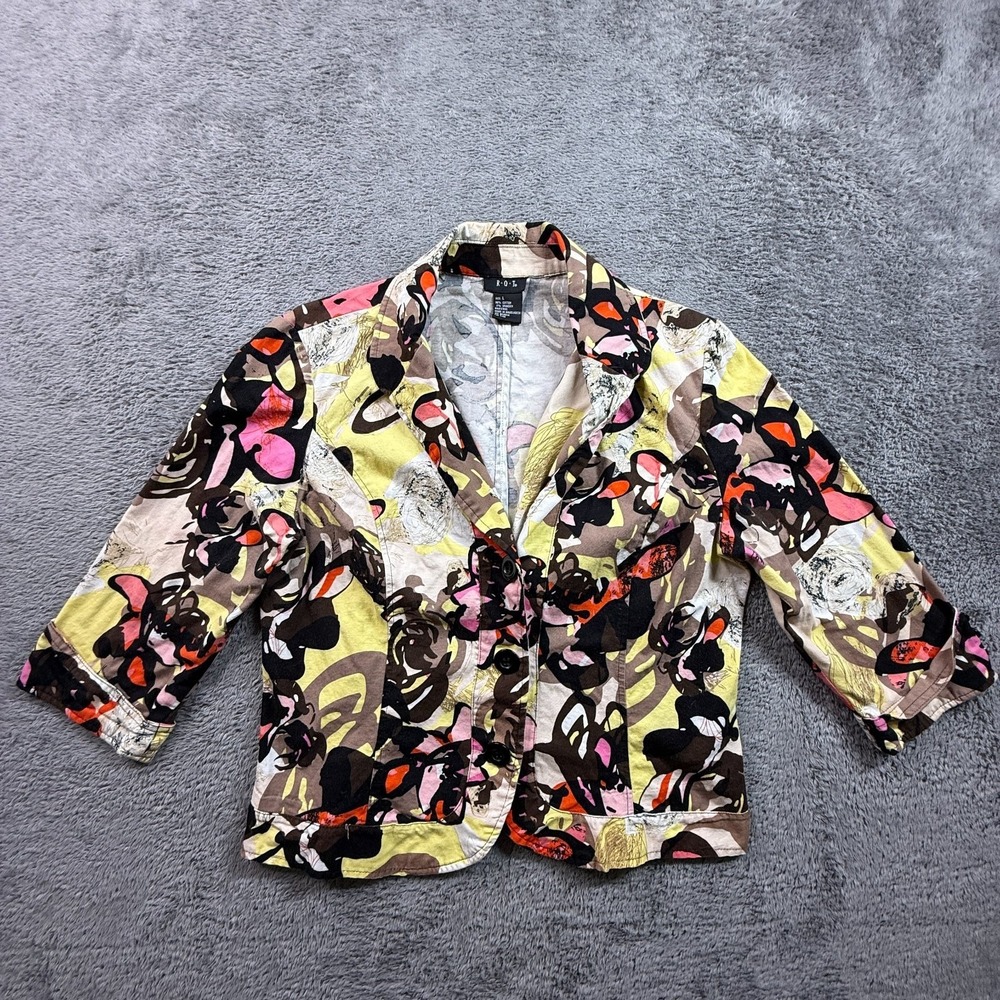RQT Womens Abstract Floral Print Blazer Jacket Y2K Art 3 Button 3/4 Sleeve L